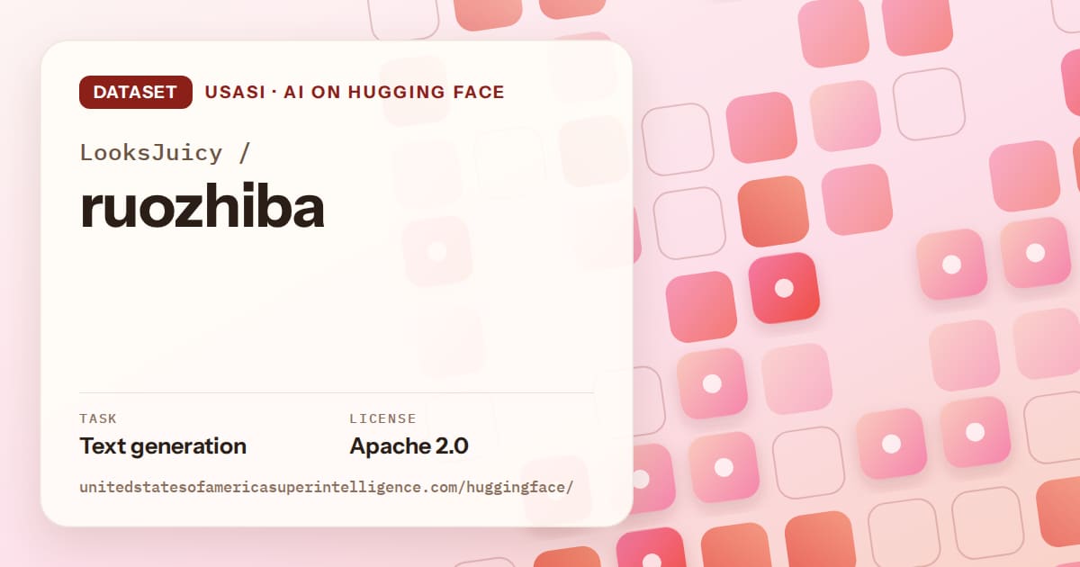 Generated coral rounded-tile grid artwork for the dataset LooksJuicy/ruozhiba, labeled USASI · AI on Hugging Face, with Task: Text generation · License: Apache 2.0.