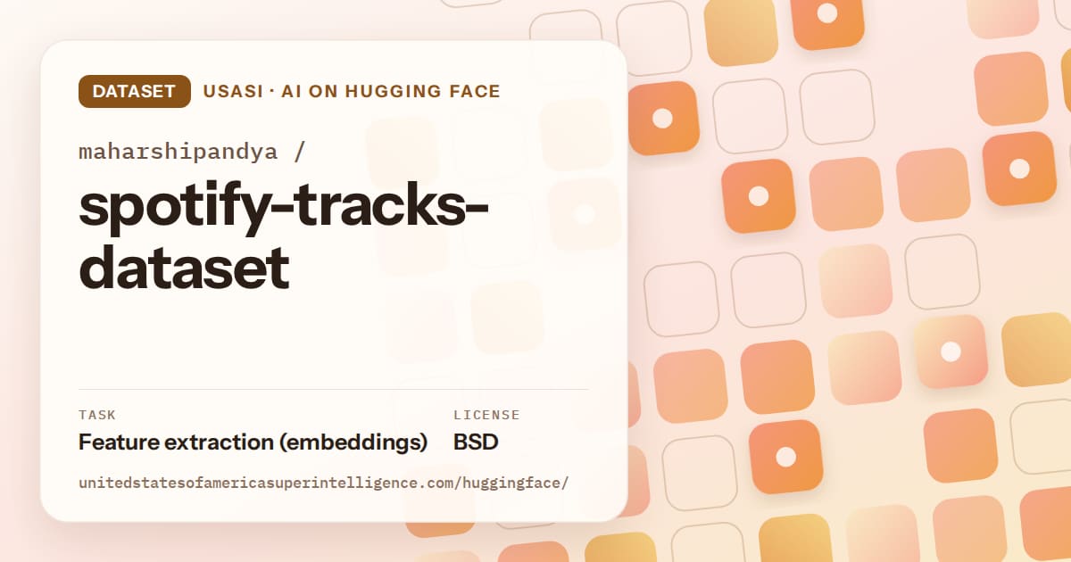 Generated orange rounded-tile grid artwork for the dataset maharshipandya/spotify-tracks-dataset, labeled USASI · AI on Hugging Face, with Task: Feature extraction (embeddings) · License: BSD.