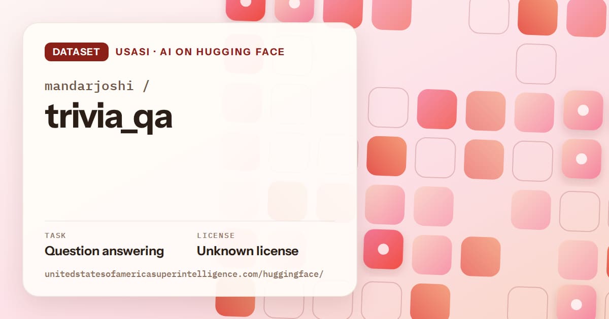 Generated coral rounded-tile grid artwork for the dataset mandarjoshi/trivia_qa, labeled USASI · AI on Hugging Face, with Task: Question answering · License: Unknown license.
