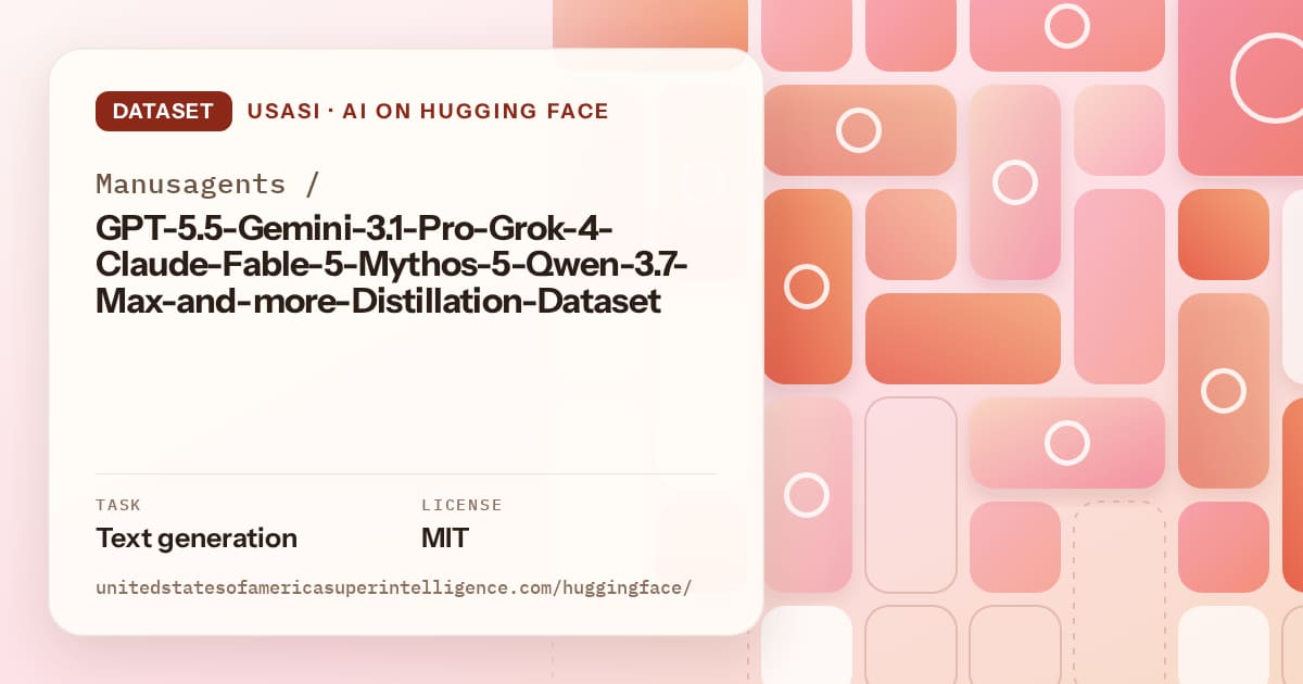 Generated coral tile-mosaic artwork for the dataset Manusagents/GPT-5.5-Gemini-3.1-Pro-Grok-4-Claude-Fable-5-Mythos-5-Qwen-3.7-Max-and-more-Distillation-Dataset, labeled USASI · AI on Hugging Face, with Task: Text generation · License: MIT.