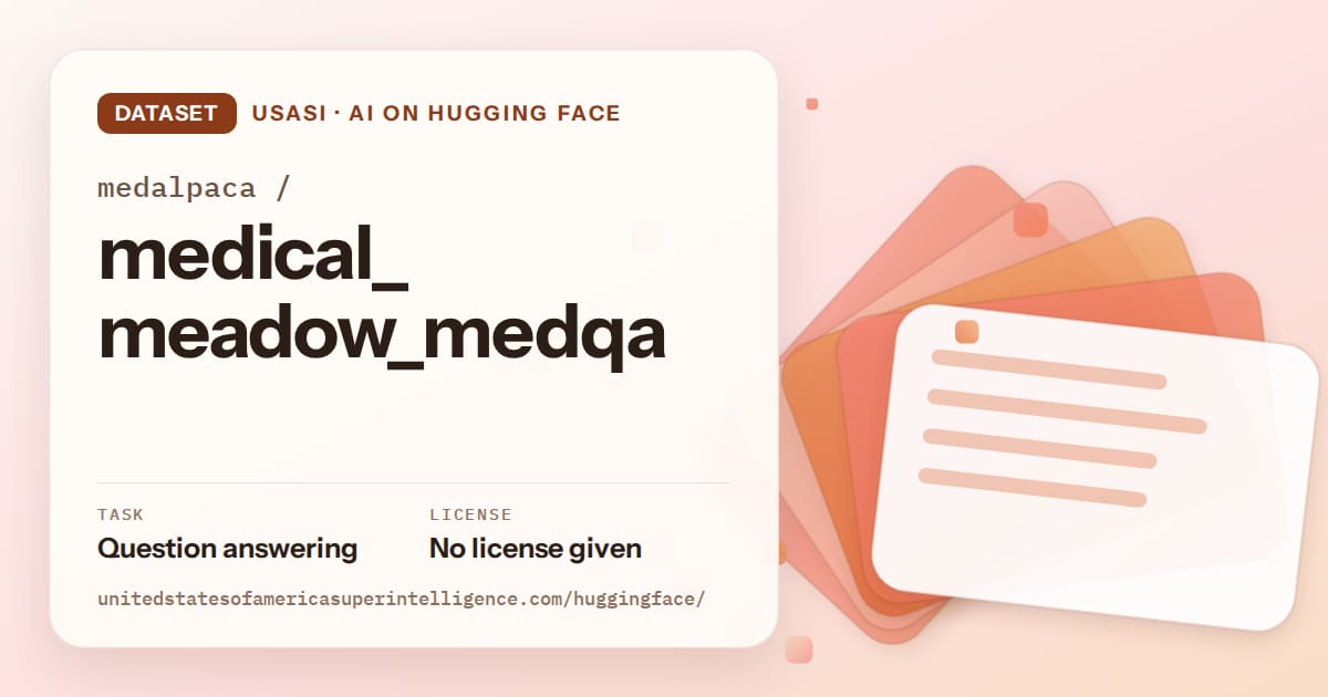 Generated tangerine layered-card artwork for the dataset medalpaca/medical_meadow_medqa, labeled USASI · AI on Hugging Face, with Task: Question answering · License: No license given.