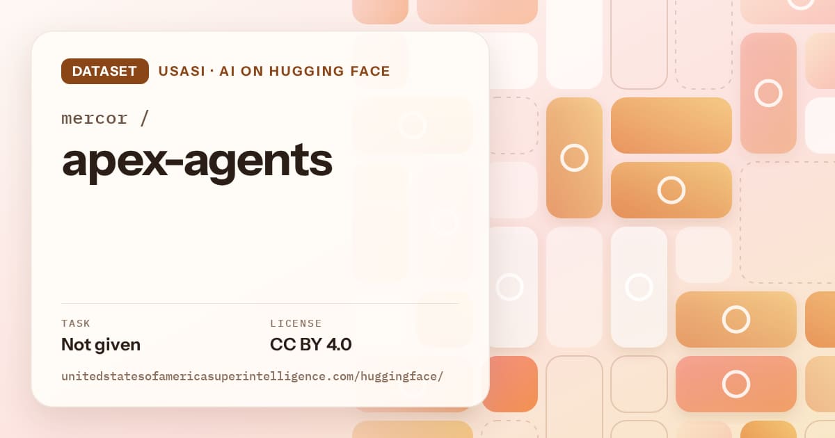 Generated orange tile-mosaic artwork for the dataset mercor/apex-agents, labeled USASI · AI on Hugging Face, with Task: Not given · License: CC BY 4.0.