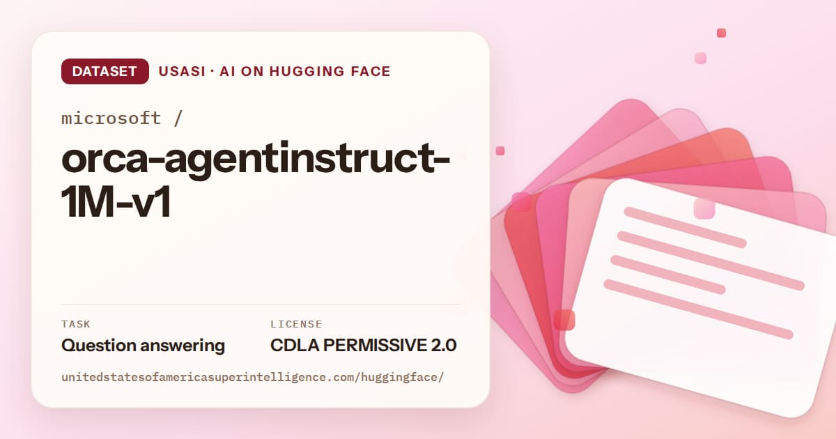 Generated coral layered-card artwork for the dataset microsoft/orca-agentinstruct-1M-v1, labeled USASI · AI on Hugging Face, with Task: Question answering · License: CDLA PERMISSIVE 2.0.