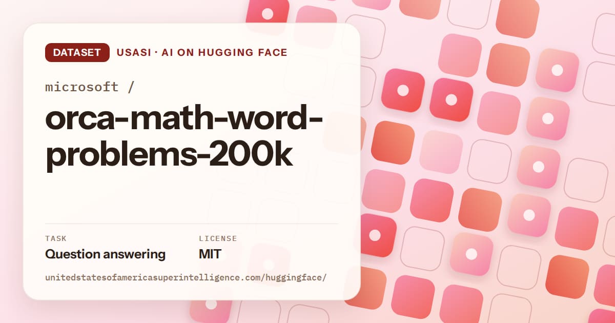 Generated coral rounded-tile grid artwork for the dataset microsoft/orca-math-word-problems-200k, labeled USASI · AI on Hugging Face, with Task: Question answering · License: MIT.