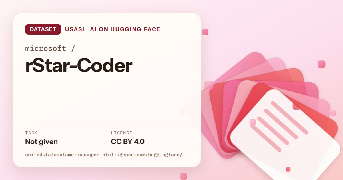 Generated coral layered-card artwork for the dataset microsoft/rStar-Coder, labeled USASI · AI on Hugging Face, with Task: Not given · License: CC BY 4.0.