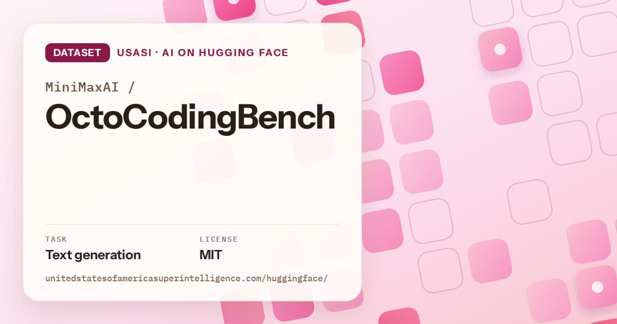 Generated rose rounded-tile grid artwork for the dataset MiniMaxAI/OctoCodingBench, labeled USASI · AI on Hugging Face, with Task: Text generation · License: MIT.