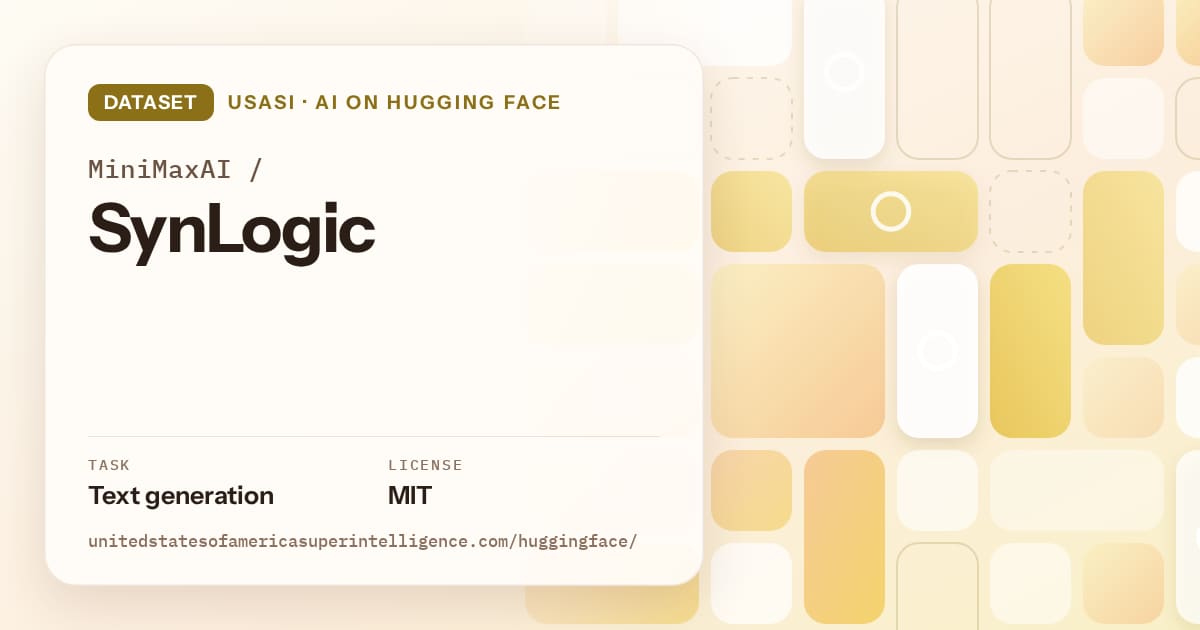 Generated gold tile-mosaic artwork for the dataset MiniMaxAI/SynLogic, labeled USASI · AI on Hugging Face, with Task: Text generation · License: MIT.