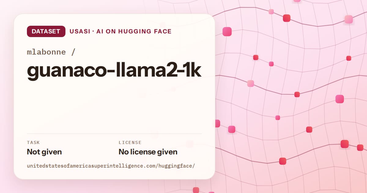 Generated rose wave-lattice artwork for the dataset mlabonne/guanaco-llama2-1k, labeled USASI · AI on Hugging Face, with Task: Not given · License: No license given.