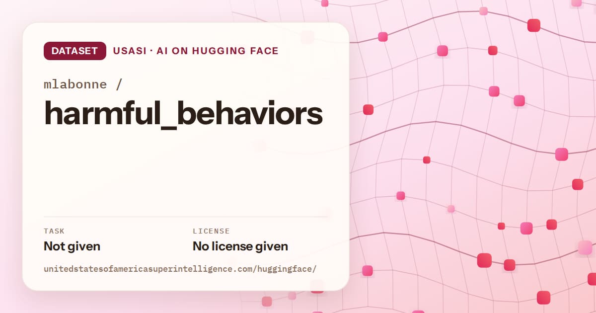 Generated rose wave-lattice artwork for the dataset mlabonne/harmful_behaviors, labeled USASI · AI on Hugging Face, with Task: Not given · License: No license given.