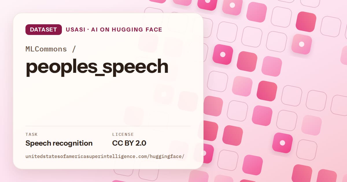 Generated rose rounded-tile grid artwork for the dataset MLCommons/peoples_speech, labeled USASI · AI on Hugging Face, with Task: Speech recognition · License: CC BY 2.0.