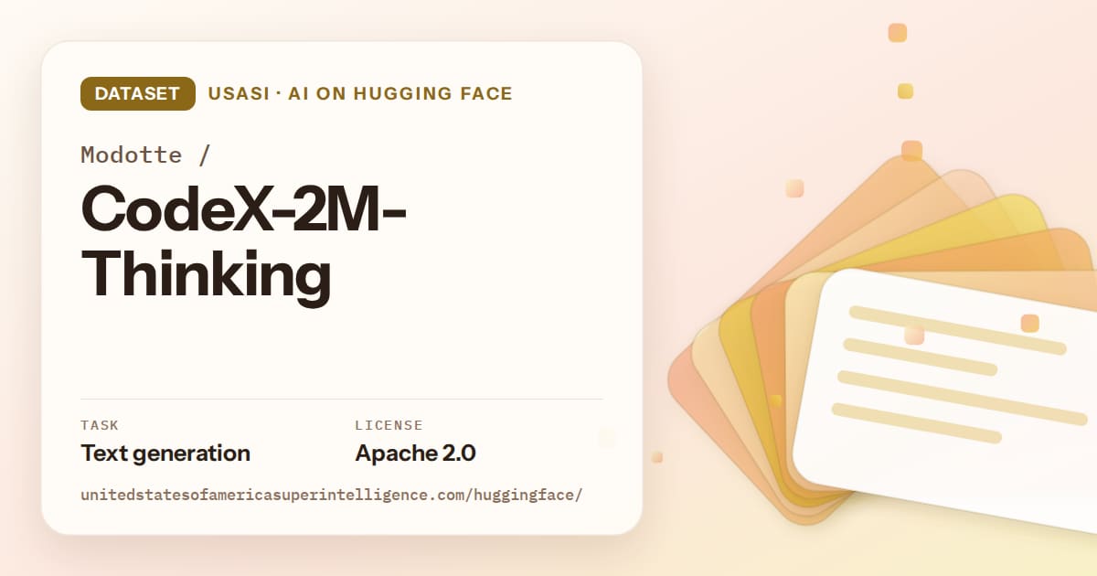Generated amber layered-card artwork for the dataset Modotte/CodeX-2M-Thinking, labeled USASI · AI on Hugging Face, with Task: Text generation · License: Apache 2.0.