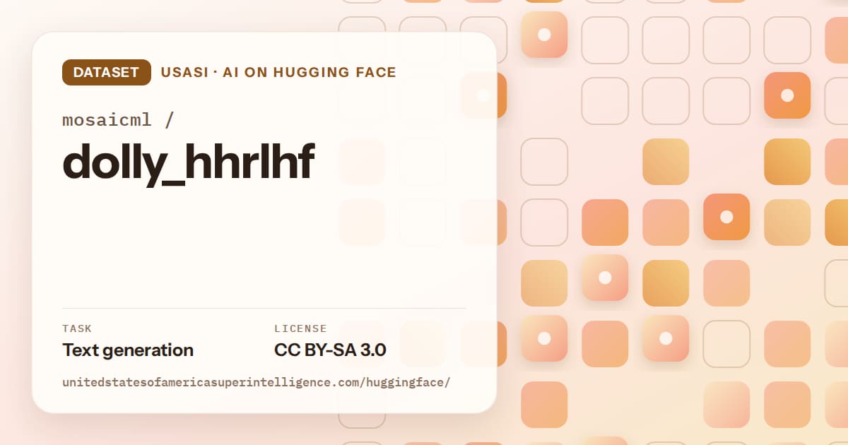 Generated orange rounded-tile grid artwork for the dataset mosaicml/dolly_hhrlhf, labeled USASI · AI on Hugging Face, with Task: Text generation · License: CC BY-SA 3.0.