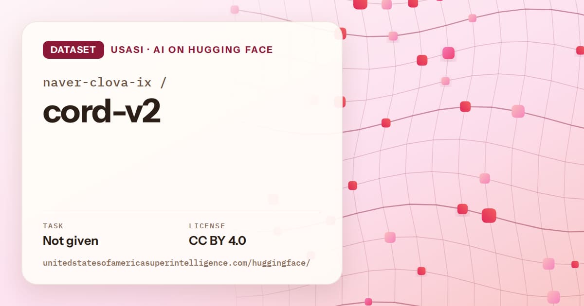 Generated rose wave-lattice artwork for the dataset naver-clova-ix/cord-v2, labeled USASI · AI on Hugging Face, with Task: Not given · License: CC BY 4.0.