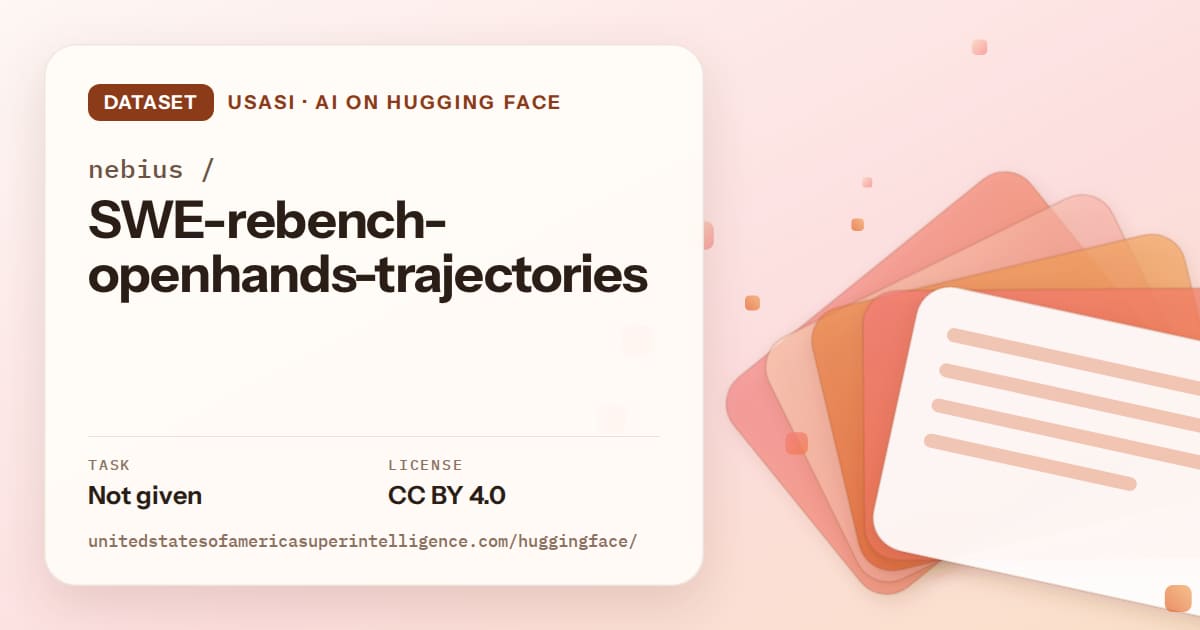 Generated tangerine layered-card artwork for the dataset nebius/SWE-rebench-openhands-trajectories, labeled USASI · AI on Hugging Face, with Task: Not given · License: CC BY 4.0.