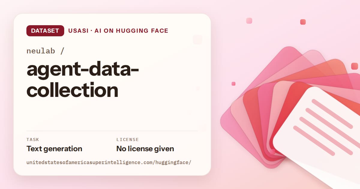 Generated coral layered-card artwork for the dataset neulab/agent-data-collection, labeled USASI · AI on Hugging Face, with Task: Text generation · License: No license given.