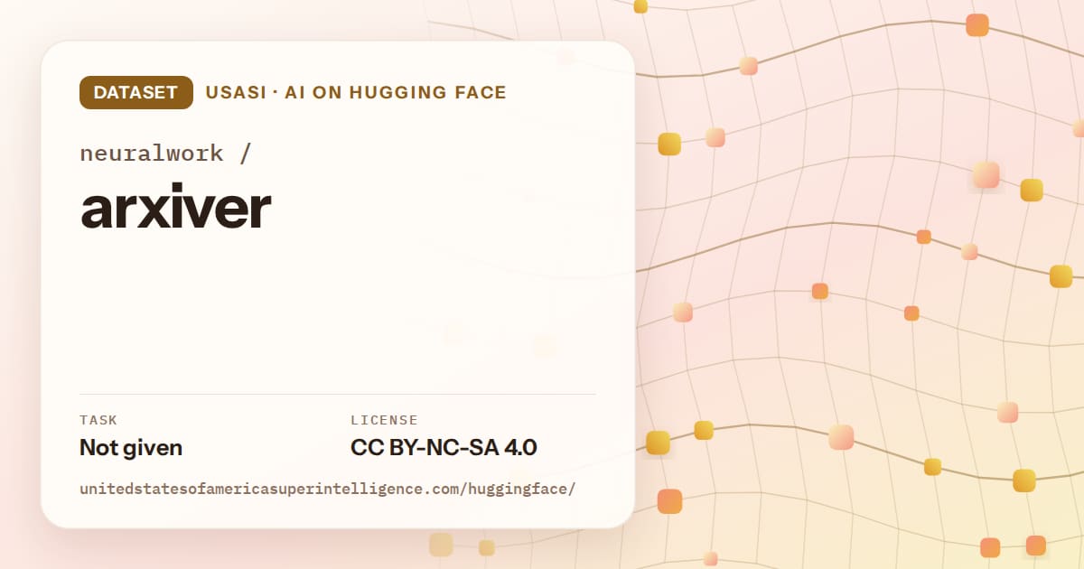 Generated amber wave-lattice artwork for the dataset neuralwork/arxiver, labeled USASI · AI on Hugging Face, with Task: Not given · License: CC BY-NC-SA 4.0.