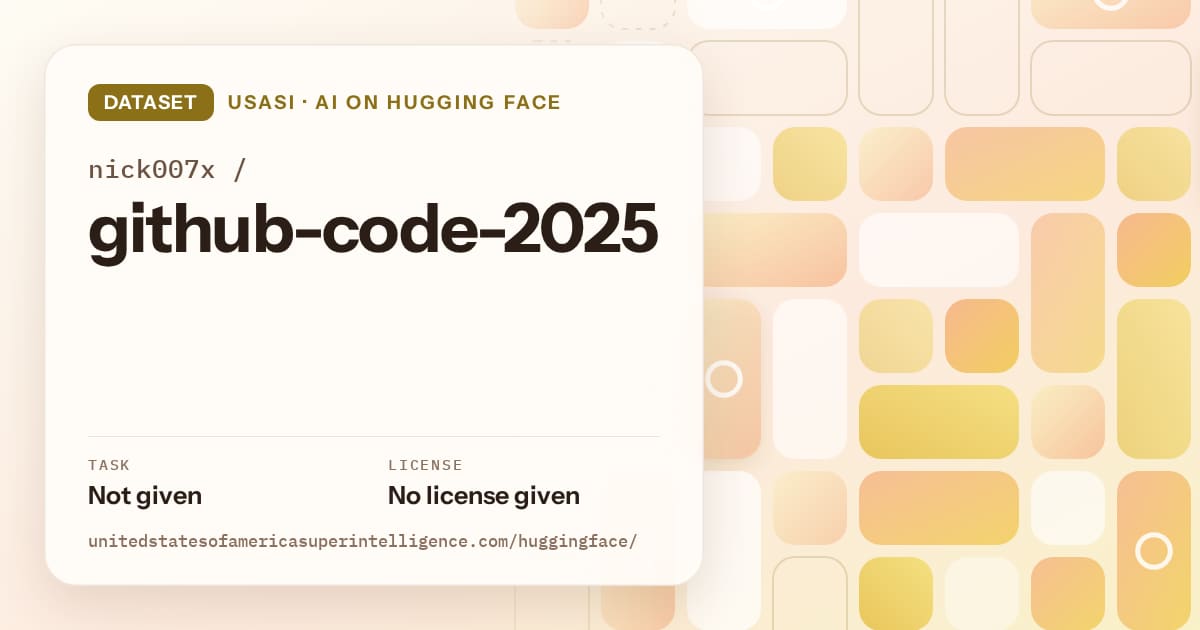 Generated gold tile-mosaic artwork for the dataset nick007x/github-code-2025, labeled USASI · AI on Hugging Face, with Task: Not given · License: No license given.