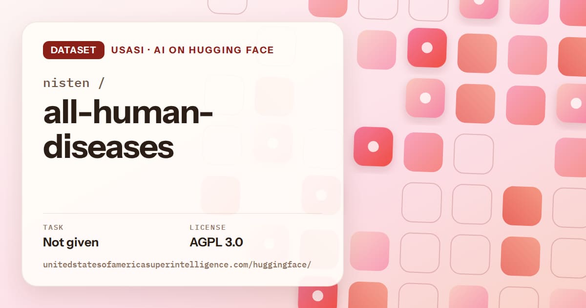 Generated coral rounded-tile grid artwork for the dataset nisten/all-human-diseases, labeled USASI · AI on Hugging Face, with Task: Not given · License: AGPL 3.0.