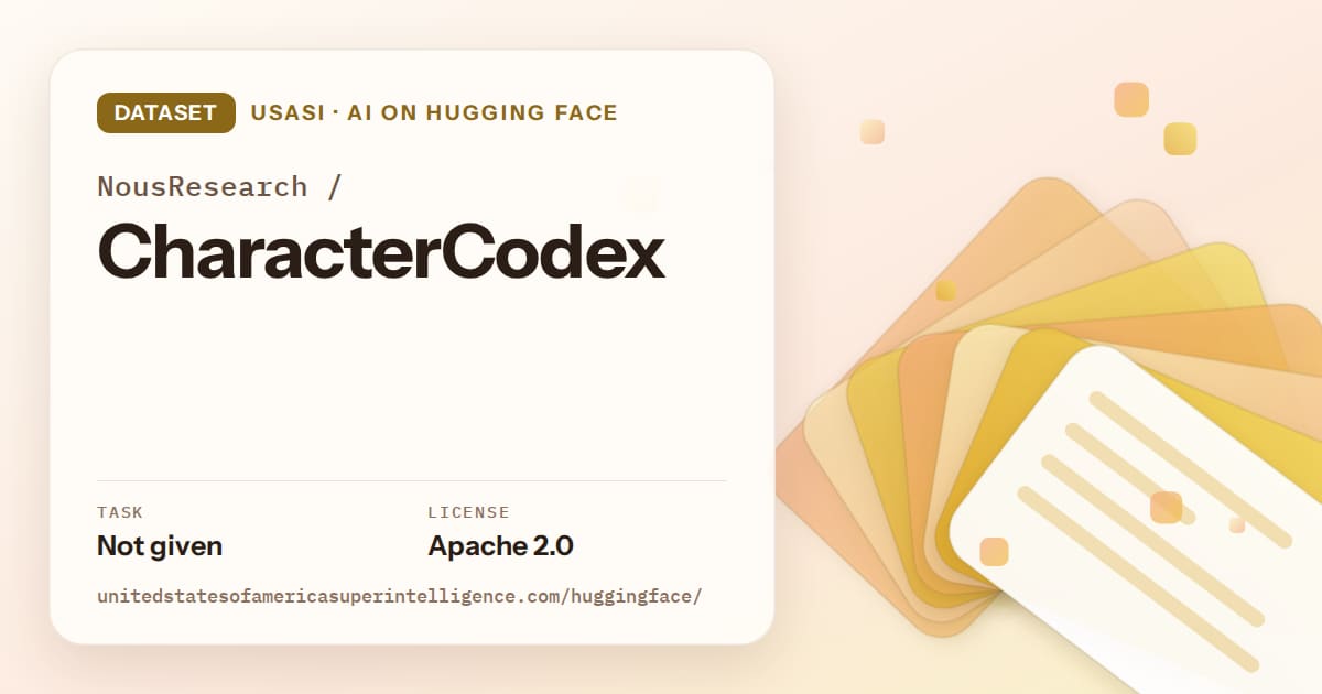 Generated amber layered-card artwork for the dataset NousResearch/CharacterCodex, labeled USASI · AI on Hugging Face, with Task: Not given · License: Apache 2.0.