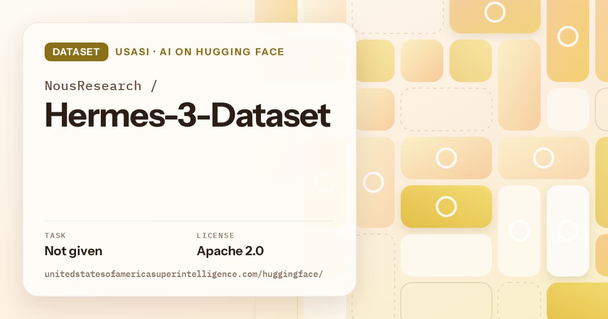 Generated gold tile-mosaic artwork for the dataset NousResearch/Hermes-3-Dataset, labeled USASI · AI on Hugging Face, with Task: Not given · License: Apache 2.0.