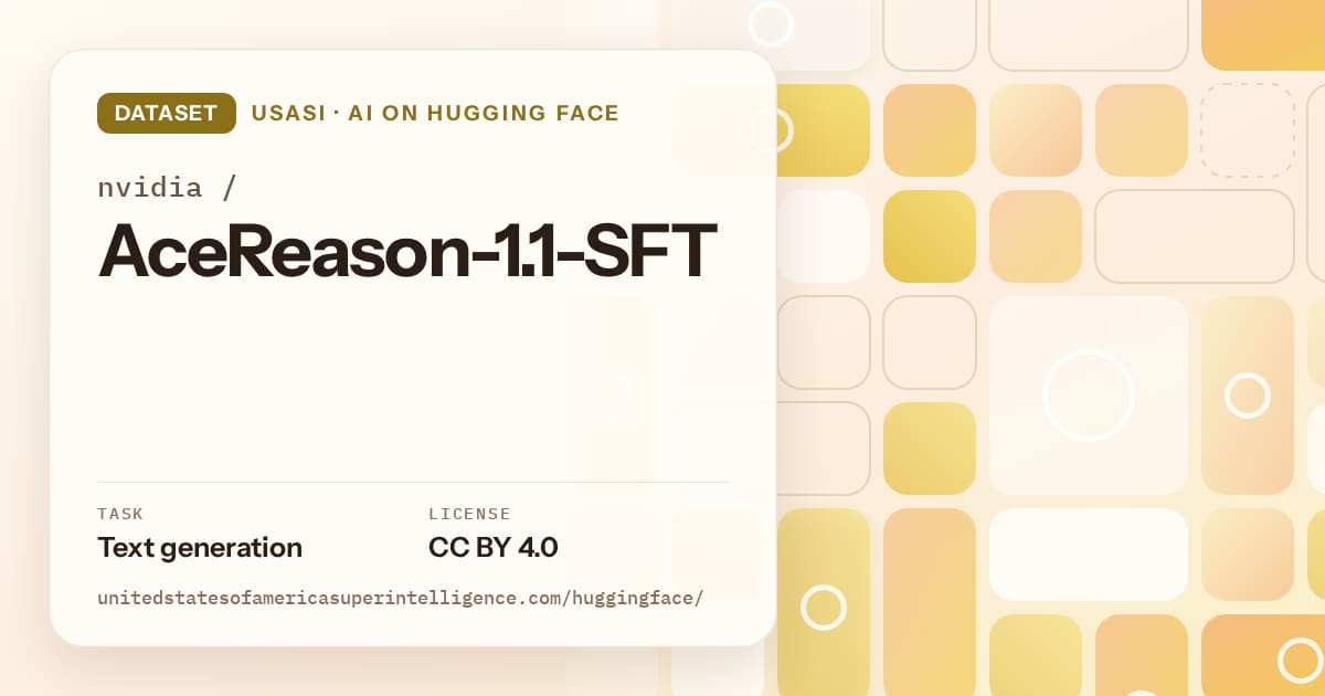 Generated gold tile-mosaic artwork for the dataset nvidia/AceReason-1.1-SFT, labeled USASI · AI on Hugging Face, with Task: Text generation · License: CC BY 4.0.