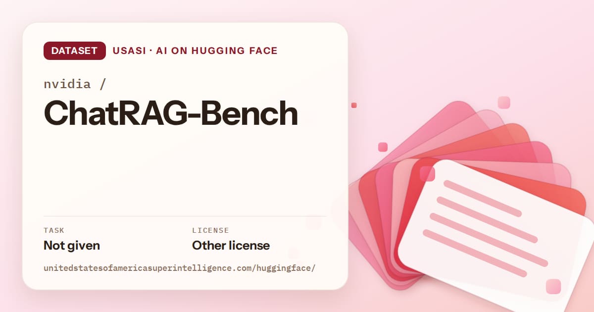 Generated coral layered-card artwork for the dataset nvidia/ChatRAG-Bench, labeled USASI · AI on Hugging Face, with Task: Not given · License: Other license.