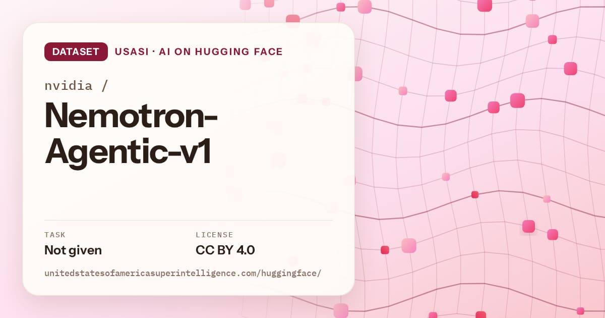 Generated rose wave-lattice artwork for the dataset nvidia/Nemotron-Agentic-v1, labeled USASI · AI on Hugging Face, with Task: Not given · License: CC BY 4.0.
