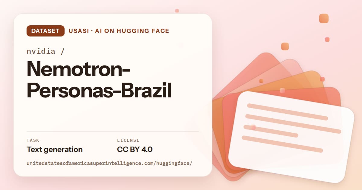 Generated tangerine layered-card artwork for the dataset nvidia/Nemotron-Personas-Brazil, labeled USASI · AI on Hugging Face, with Task: Text generation · License: CC BY 4.0.