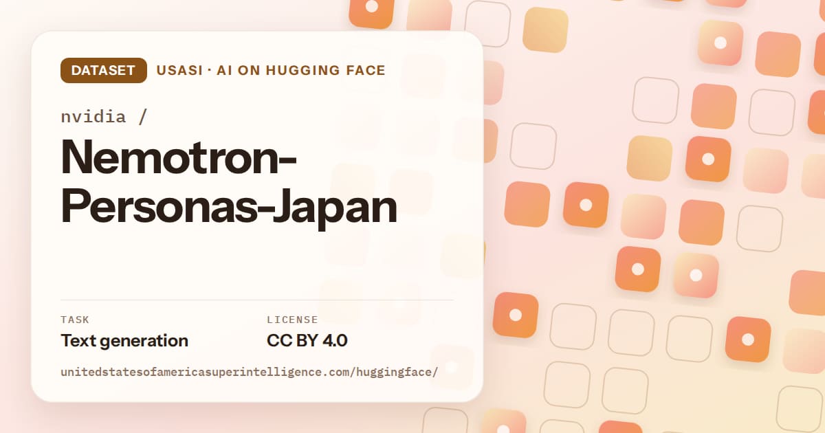 Generated orange rounded-tile grid artwork for the dataset nvidia/Nemotron-Personas-Japan, labeled USASI · AI on Hugging Face, with Task: Text generation · License: CC BY 4.0.