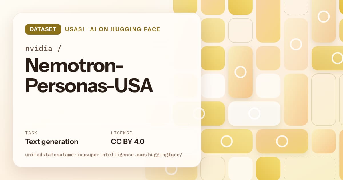 Generated gold tile-mosaic artwork for the dataset nvidia/Nemotron-Personas-USA, labeled USASI · AI on Hugging Face, with Task: Text generation · License: CC BY 4.0.