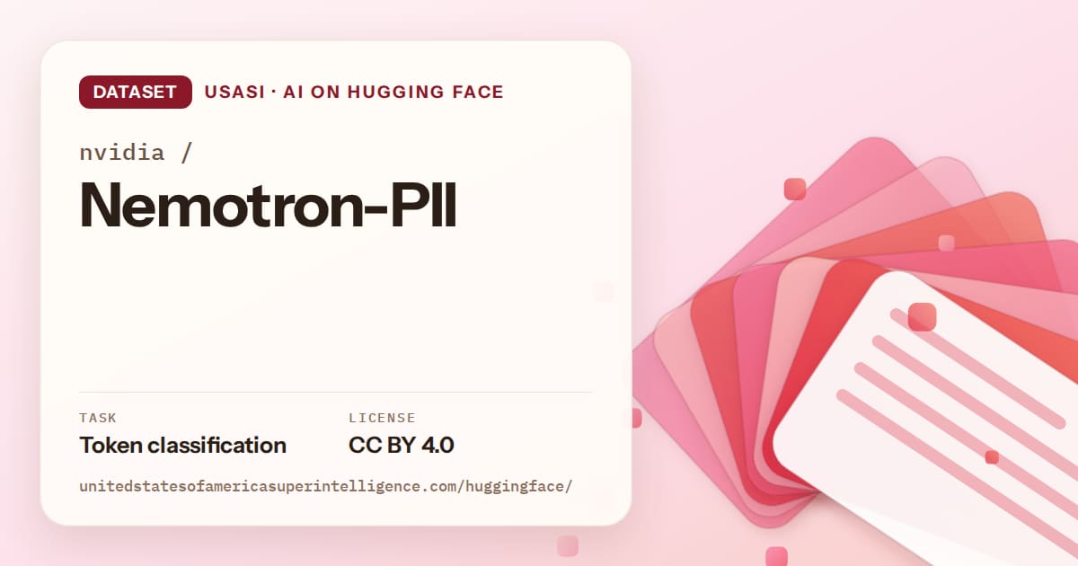 Generated coral layered-card artwork for the dataset nvidia/Nemotron-PII, labeled USASI · AI on Hugging Face, with Task: Token classification · License: CC BY 4.0.
