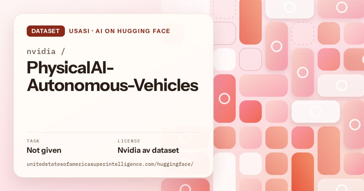 Generated coral tile-mosaic artwork for the dataset nvidia/PhysicalAI-Autonomous-Vehicles, labeled USASI · AI on Hugging Face, with Task: Not given · License: Nvidia av dataset.