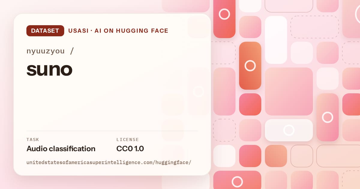 Generated coral tile-mosaic artwork for the dataset nyuuzyou/suno, labeled USASI · AI on Hugging Face, with Task: Audio classification · License: CC0 1.0.