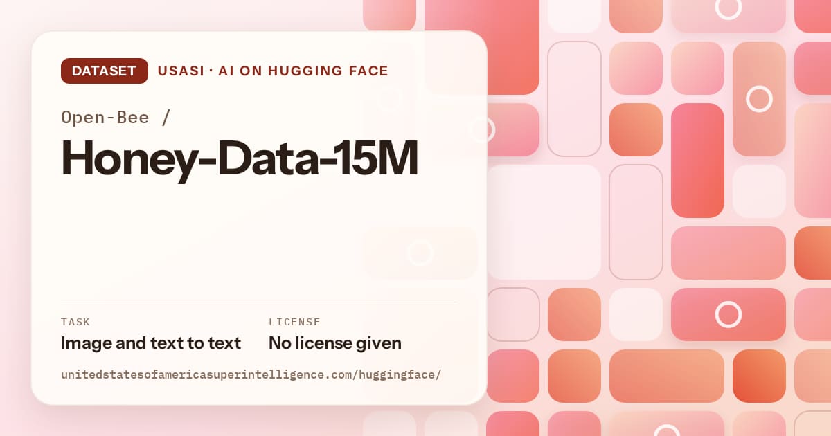 Generated coral tile-mosaic artwork for the dataset Open-Bee/Honey-Data-15M, labeled USASI · AI on Hugging Face, with Task: Image and text to text · License: No license given.