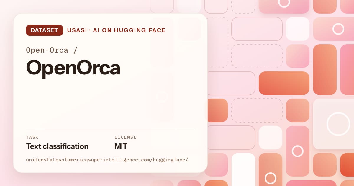 Generated coral tile-mosaic artwork for the dataset Open-Orca/OpenOrca, labeled USASI · AI on Hugging Face, with Task: Text classification · License: MIT.