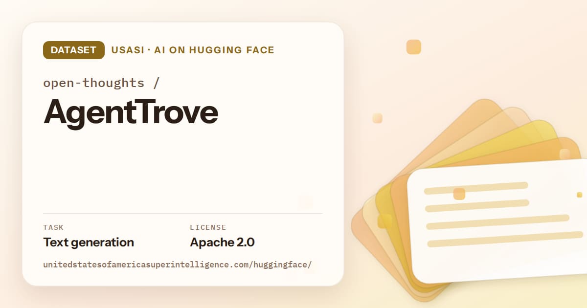 Generated amber layered-card artwork for the dataset open-thoughts/AgentTrove, labeled USASI · AI on Hugging Face, with Task: Text generation · License: Apache 2.0.