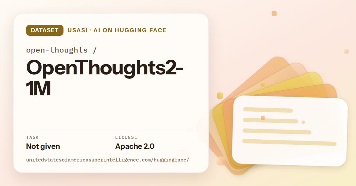 Generated amber layered-card artwork for the dataset open-thoughts/OpenThoughts2-1M, labeled USASI · AI on Hugging Face, with Task: Not given · License: Apache 2.0.