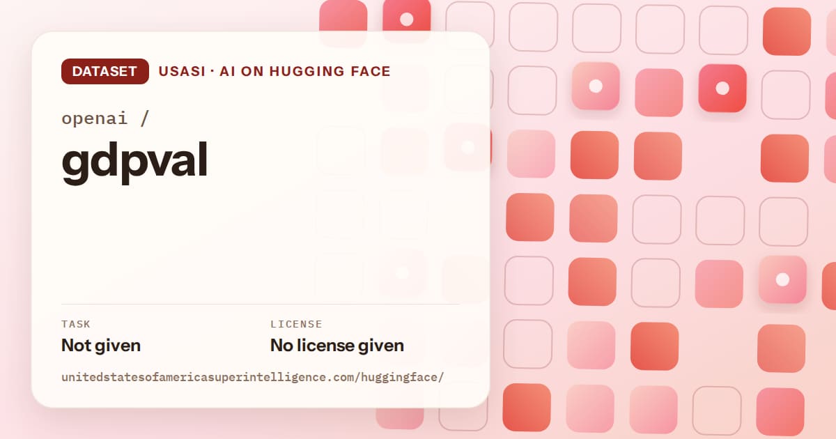 Generated coral rounded-tile grid artwork for the dataset openai/gdpval, labeled USASI · AI on Hugging Face, with Task: Not given · License: No license given.