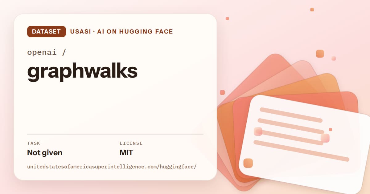 Generated tangerine layered-card artwork for the dataset openai/graphwalks, labeled USASI · AI on Hugging Face, with Task: Not given · License: MIT.
