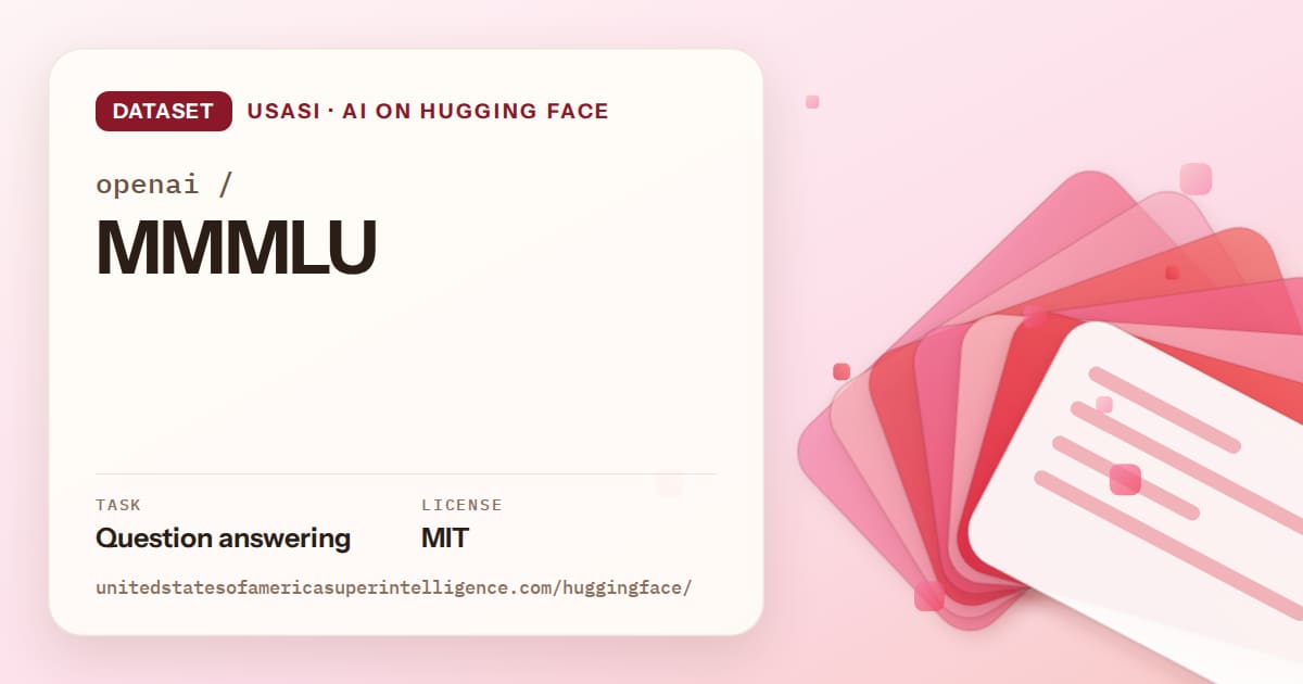 Generated coral layered-card artwork for the dataset openai/MMMLU, labeled USASI · AI on Hugging Face, with Task: Question answering · License: MIT.