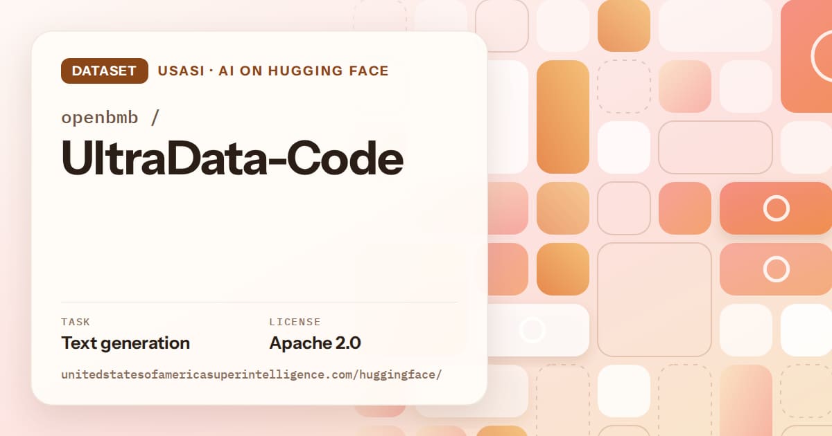 Generated orange tile-mosaic artwork for the dataset openbmb/UltraData-Code, labeled USASI · AI on Hugging Face, with Task: Text generation · License: Apache 2.0.