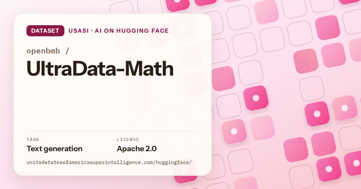 Generated rose rounded-tile grid artwork for the dataset openbmb/UltraData-Math, labeled USASI · AI on Hugging Face, with Task: Text generation · License: Apache 2.0.