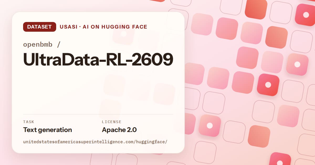Generated coral rounded-tile grid artwork for the dataset openbmb/UltraData-RL-2609, labeled USASI · AI on Hugging Face, with Task: Text generation · License: Apache 2.0.