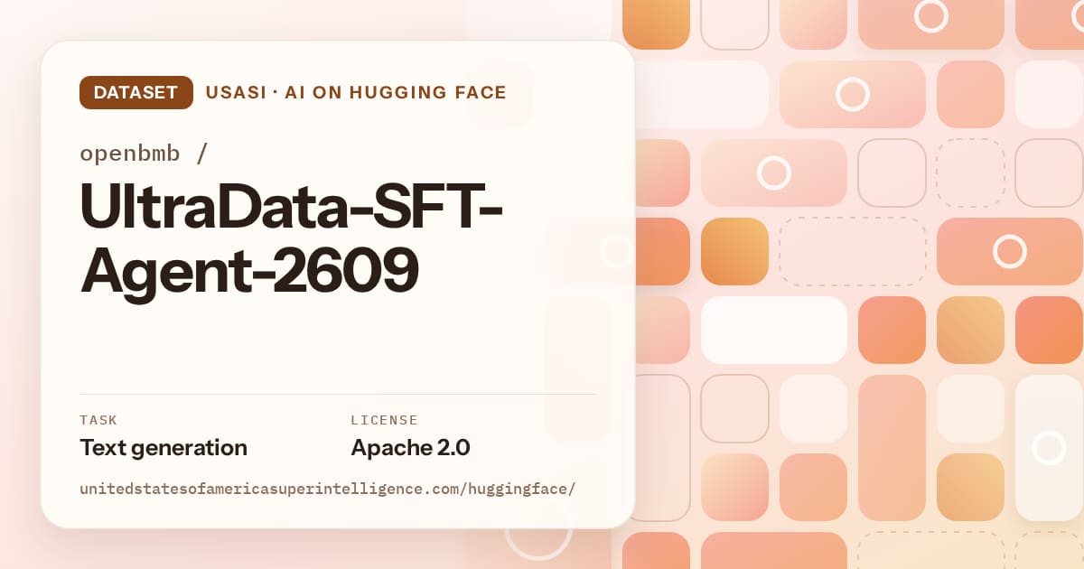Generated orange tile-mosaic artwork for the dataset openbmb/UltraData-SFT-Agent-2609, labeled USASI · AI on Hugging Face, with Task: Text generation · License: Apache 2.0.