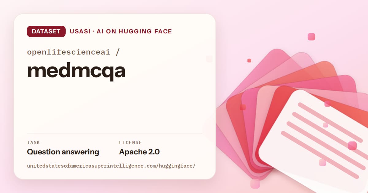 Generated coral layered-card artwork for the dataset openlifescienceai/medmcqa, labeled USASI · AI on Hugging Face, with Task: Question answering · License: Apache 2.0.