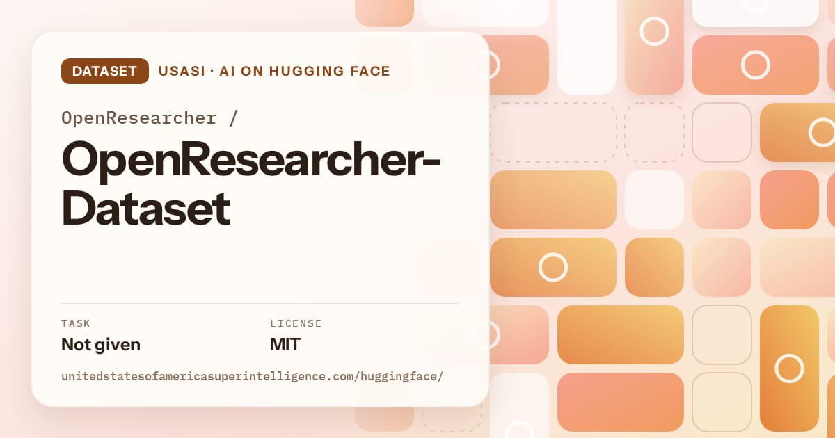 Generated orange tile-mosaic artwork for the dataset OpenResearcher/OpenResearcher-Dataset, labeled USASI · AI on Hugging Face, with Task: Not given · License: MIT.