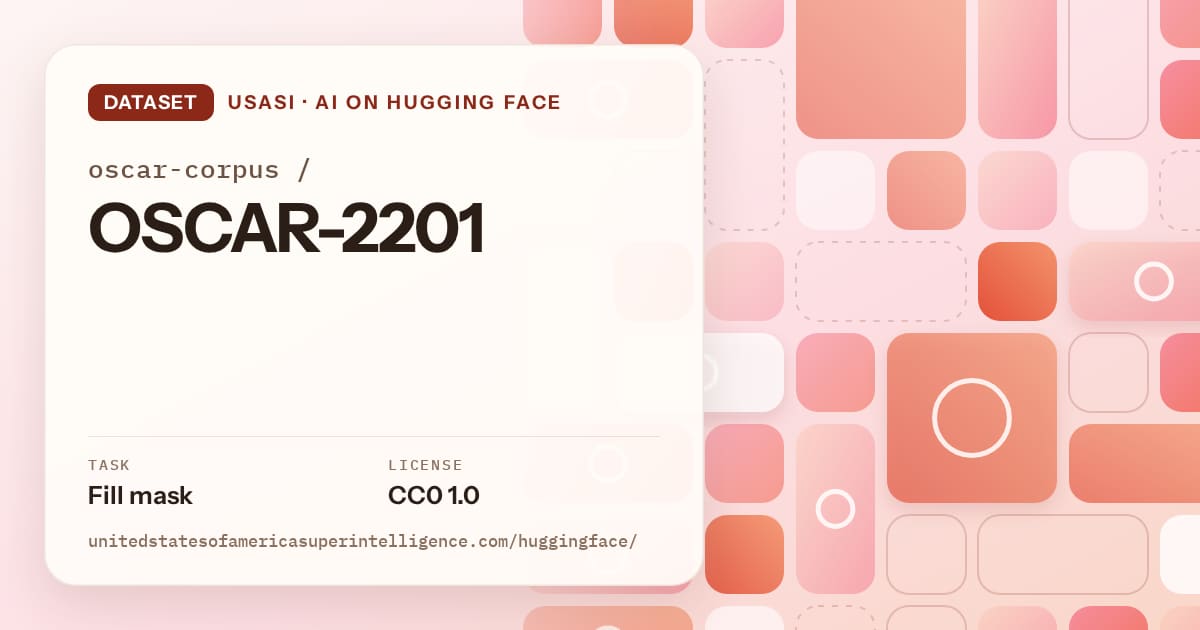 Generated coral tile-mosaic artwork for the dataset oscar-corpus/OSCAR-2201, labeled USASI · AI on Hugging Face, with Task: Fill mask · License: CC0 1.0.