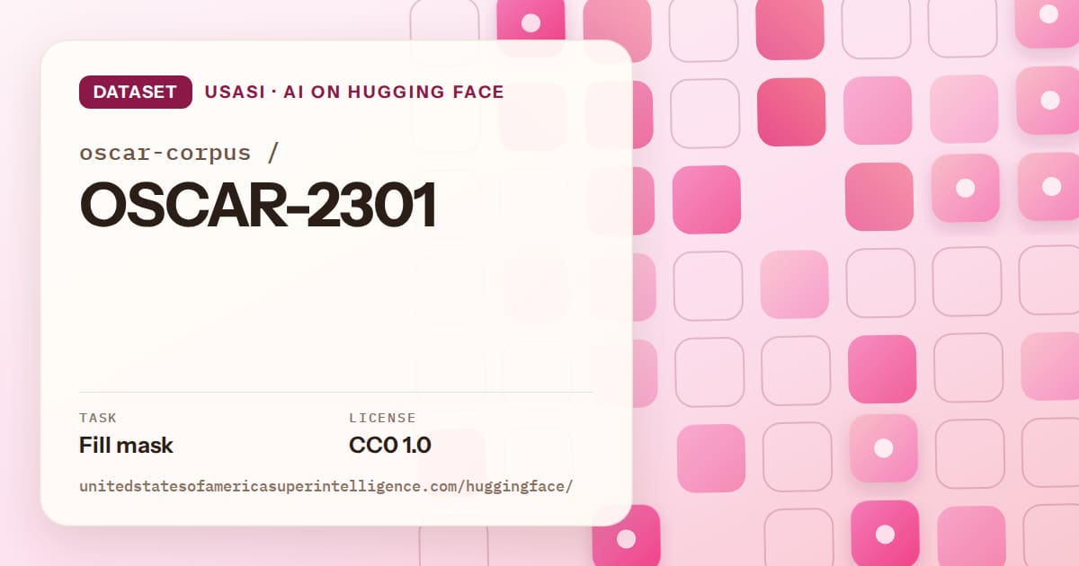 Generated rose rounded-tile grid artwork for the dataset oscar-corpus/OSCAR-2301, labeled USASI · AI on Hugging Face, with Task: Fill mask · License: CC0 1.0.