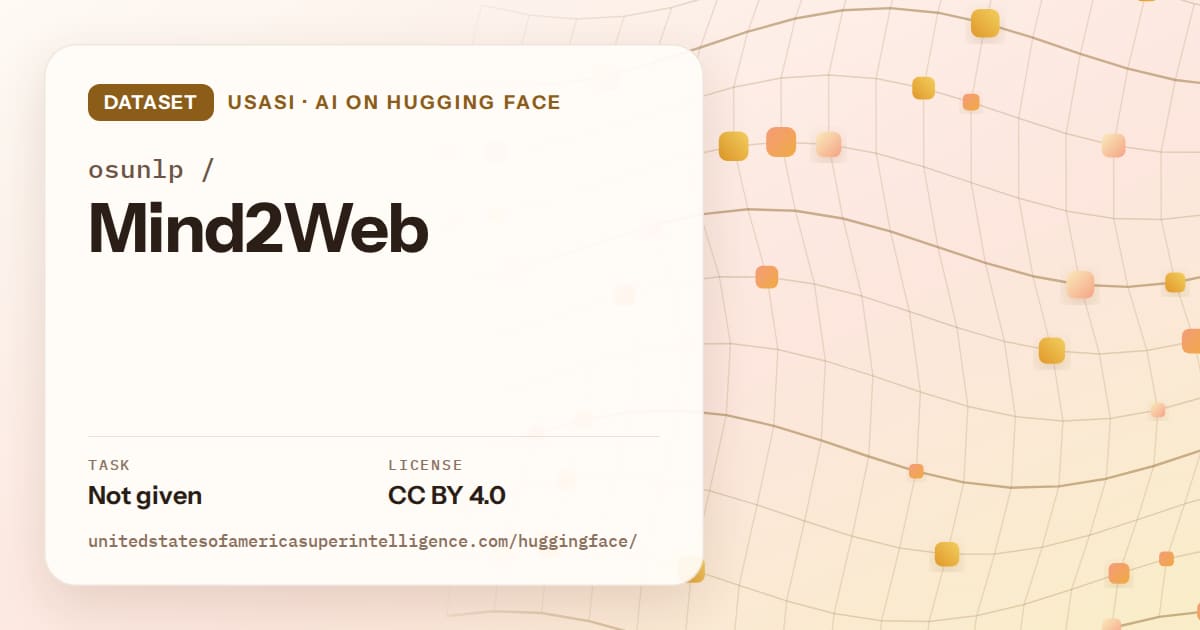 Generated amber wave-lattice artwork for the dataset osunlp/Mind2Web, labeled USASI · AI on Hugging Face, with Task: Not given · License: CC BY 4.0.