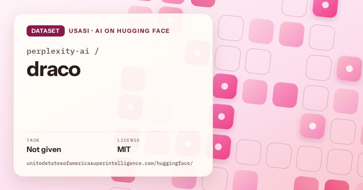 Generated rose rounded-tile grid artwork for the dataset perplexity-ai/draco, labeled USASI · AI on Hugging Face, with Task: Not given · License: MIT.